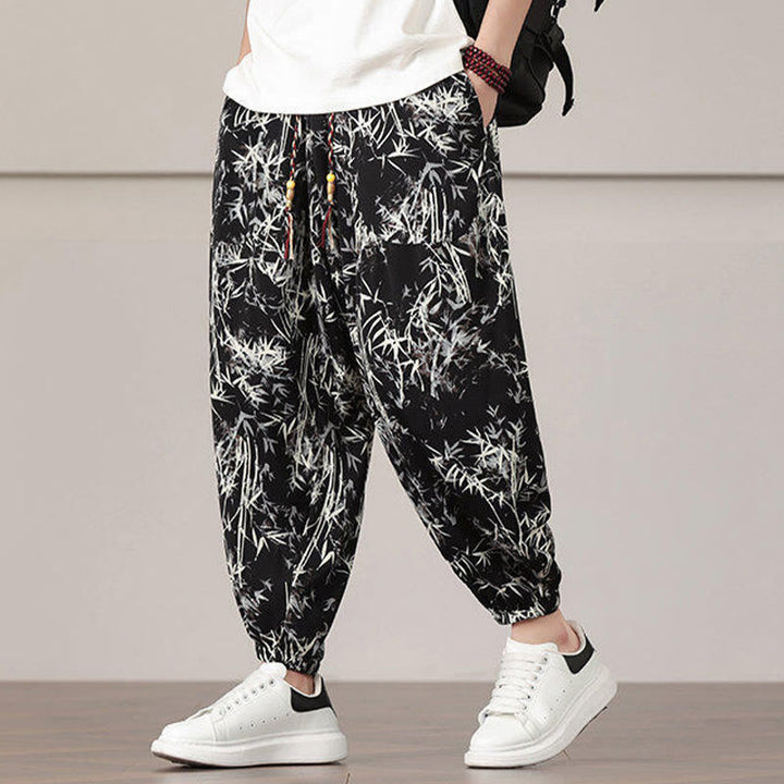 Buddha Stones Bambusowe Wzór Liścia Ściągacz Męskie Spodnie Harem Z Kieszeniami - image 15