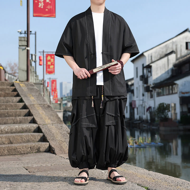 Buddha Stones 2 szt. Czarna żaba-guzik bawełniana męska kurtka kimono ściągana sznurkiem szerokie nogawki spodnie z kieszeniami - image 4