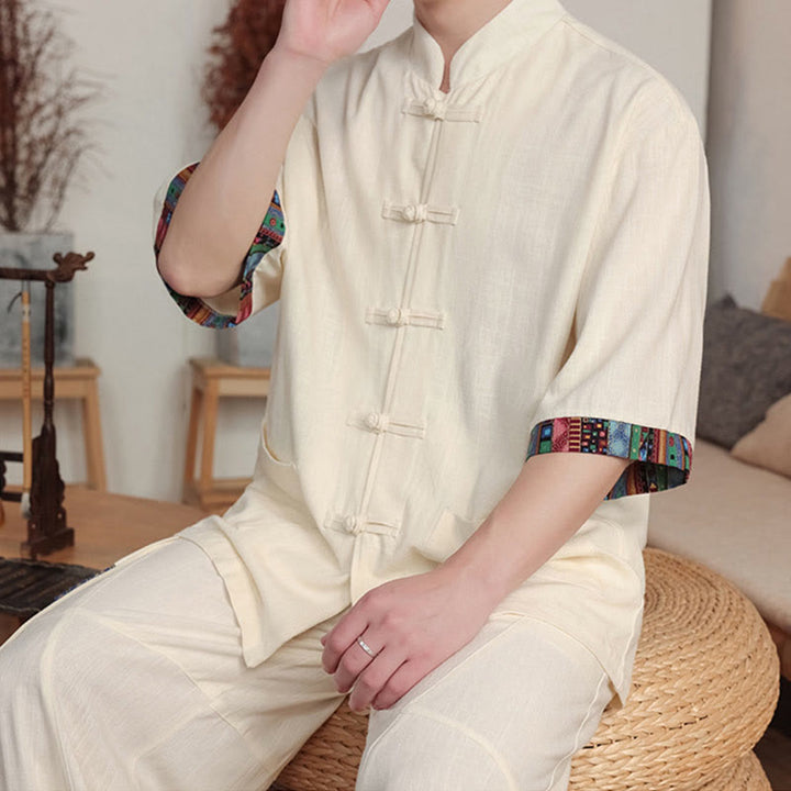 Buddha Stones 2 szt. Patchworkowa chińska koszula z żabą i guzikami, szerokie spodnie nogawki, męski zestaw do medytacji z kieszeniami - image 8