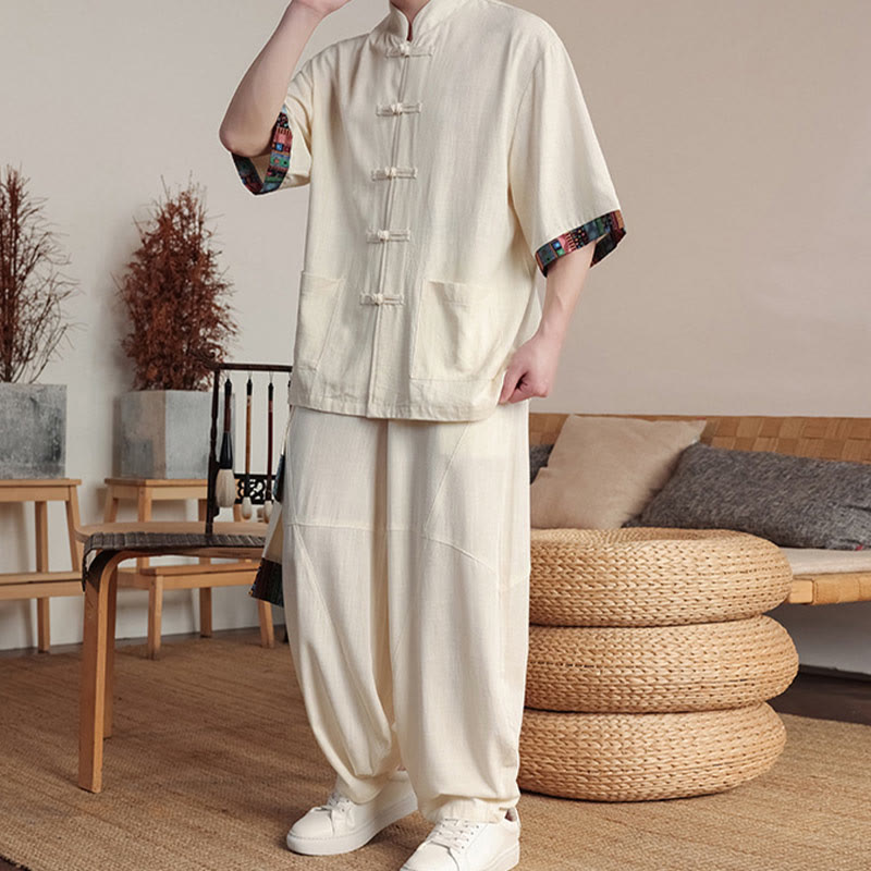 Buddha Stones 2 szt. Patchworkowa chińska koszula z żabą i guzikami, szerokie spodnie nogawki, męski zestaw do medytacji z kieszeniami - image 5