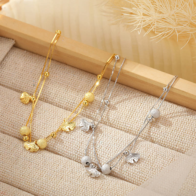 Bransoletka ochronna na kostkę z podwójnymi warstwami liści miłorzębu Buddha Stones ze srebra próby 925 - image 1