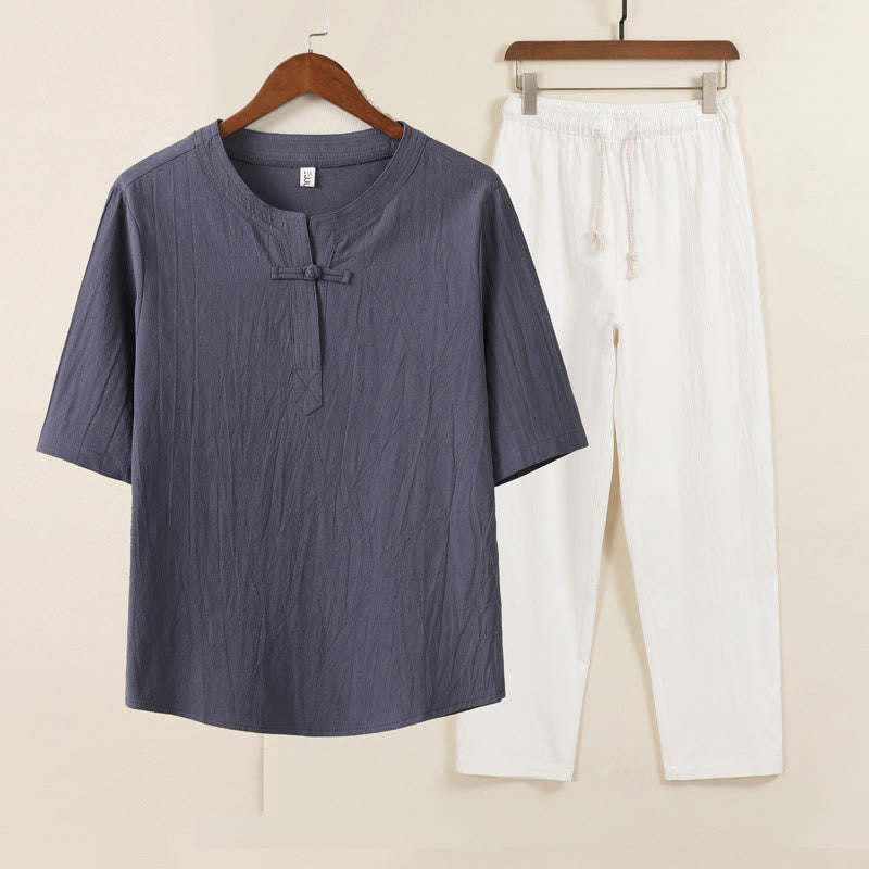 Buddha Stones 2 szt. Prosty design Chiński Żaba-Guzik Koszula Ściągana Sznurkiem Szerokie Spodnie Z Kieszeniami Męski Zestaw Tkanin Medytacyjnych - Szara koszula i białe spodnie - US/UK/AU46, EU56 (5XL) - image 5