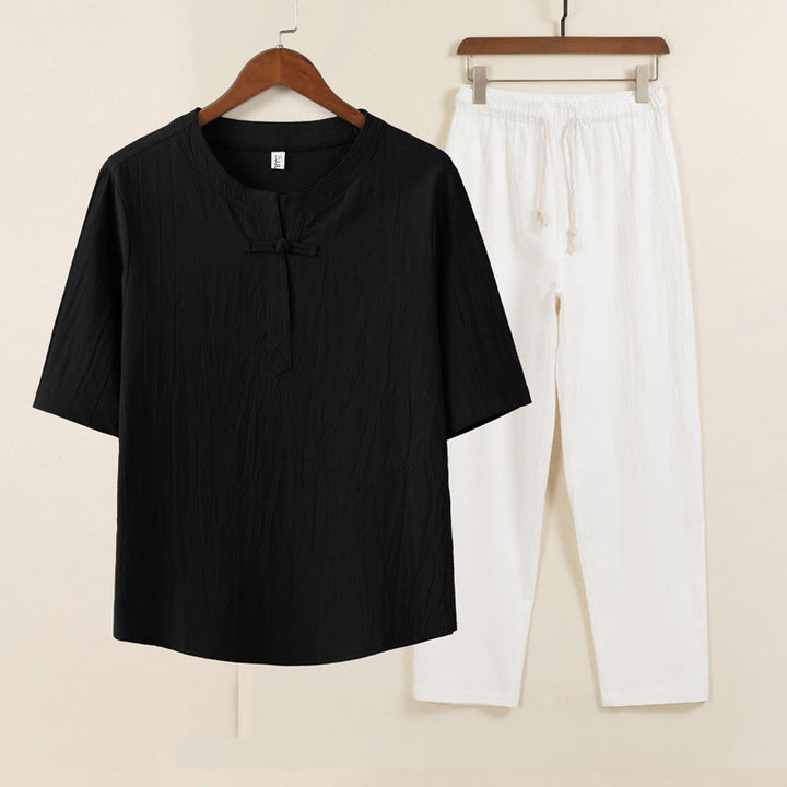 Buddha Stones 2 szt. Prosty design Chiński Żaba-Guzik Koszula Ściągana Sznurkiem Szerokie Spodnie Z Kieszeniami Męski Zestaw Tkanin Medytacyjnych - Czarna koszula i białe spodnie - US/UK/AU46, EU56 (5XL) - image 4