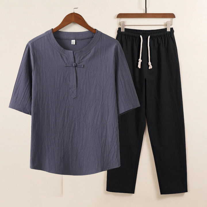 Buddha Stones 2 szt. Prosty design Chiński Żaba-Guzik Koszula Ściągana Sznurkiem Szerokie Spodnie Z Kieszeniami Męski Zestaw Tkanin Medytacyjnych - Szara koszula, czarne spodnie - US/UK/AU46, EU56 (5XL) - image 0