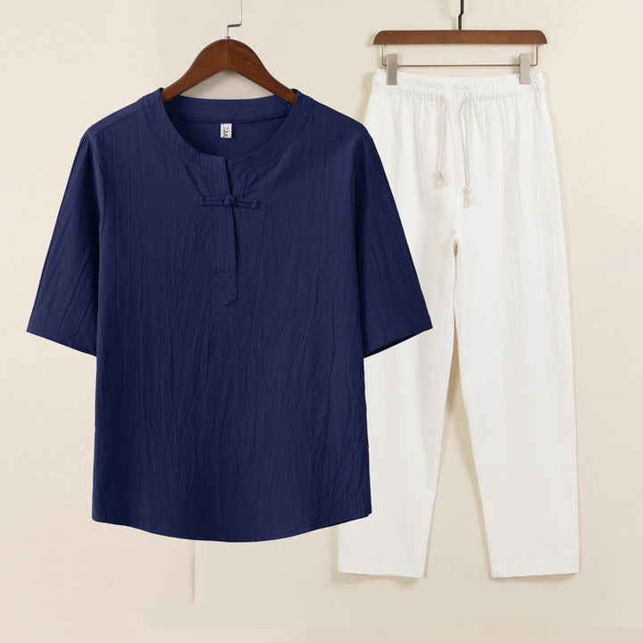 Buddha Stones 2 szt. Prosty design Chiński Żaba-Guzik Koszula Ściągana Sznurkiem Szerokie Spodnie Z Kieszeniami Męski Zestaw Tkanin Medytacyjnych - Niebieska koszula i białe spodnie - US/UK/AU46, EU56 (5XL) - image 7