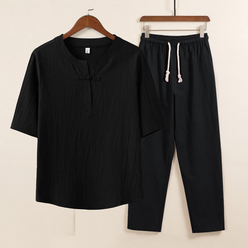 Buddha Stones 2 szt. Prosty design Chiński Żaba-Guzik Koszula Ściągana Sznurkiem Szerokie Spodnie Z Kieszeniami Męski Zestaw Tkanin Medytacyjnych - Czarna koszula, czarne spodnie - US/UK/AU46, EU56 (5XL) - image 2