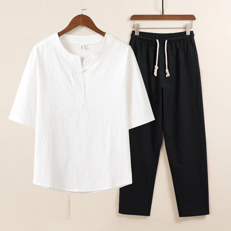 Buddha Stones 2 szt. Prosty design Chiński Żaba-Guzik Koszula Ściągana Sznurkiem Szerokie Spodnie Z Kieszeniami Męski Zestaw Tkanin Medytacyjnych - Biała koszula, czarne spodnie - US/UK/AU46, EU56 (5XL) - image 3