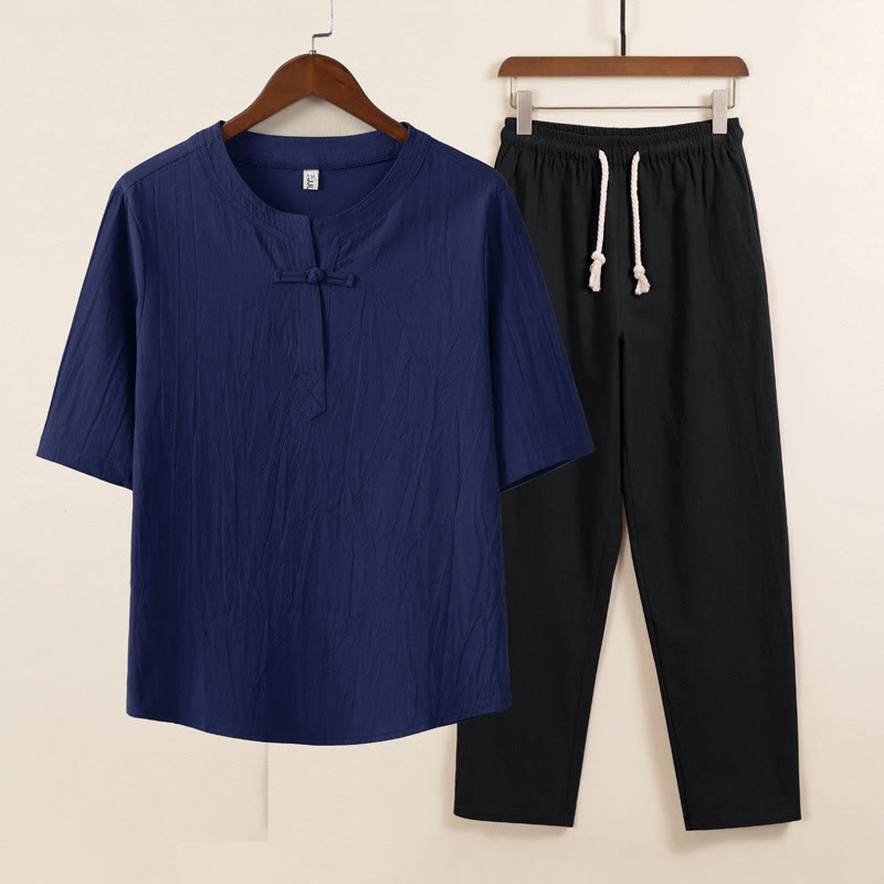 Buddha Stones 2 szt. Prosty design Chiński Żaba-Guzik Koszula Ściągana Sznurkiem Szerokie Spodnie Z Kieszeniami Męski Zestaw Tkanin Medytacyjnych - Niebieska koszula, czarne spodnie - US/UK/AU46, EU56 (5XL) - image 6