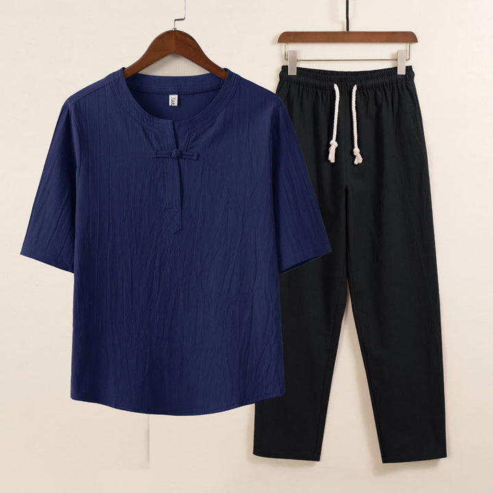 Buddha Stones 2 szt. Prosty design Chiński Żaba-Guzik Koszula Ściągana Sznurkiem Szerokie Spodnie Z Kieszeniami Męski Zestaw Tkanin Medytacyjnych - Niebieska koszula, czarne spodnie - US/UK/AU46, EU56 (5XL) - image 6