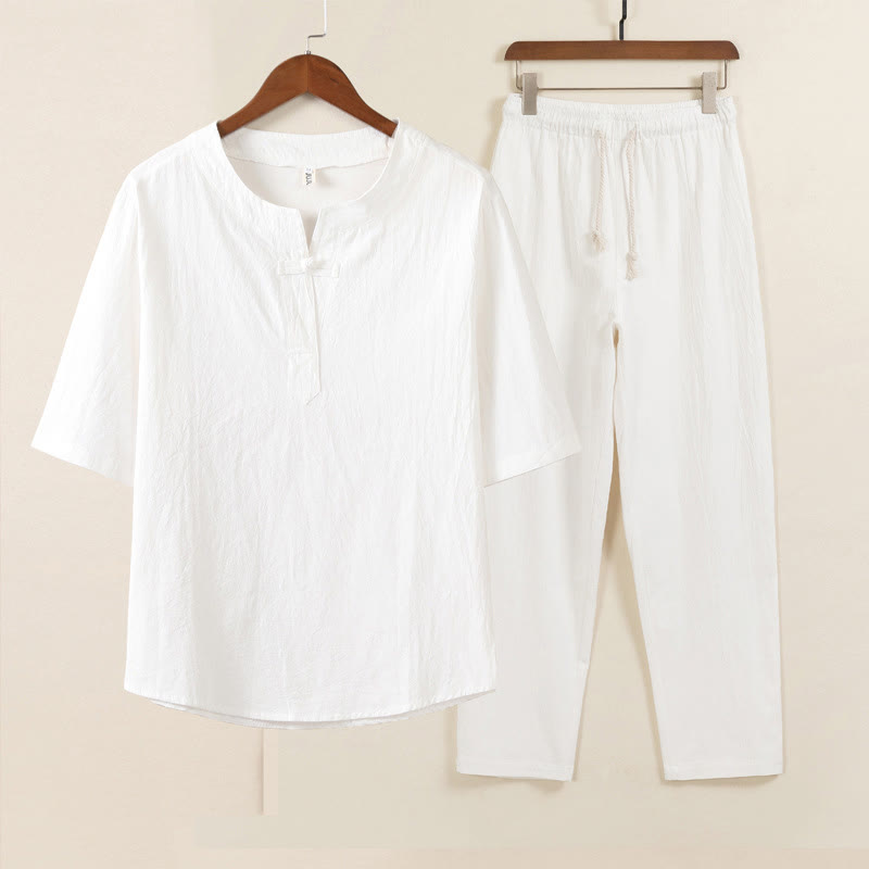 Buddha Stones 2 szt. Prosty design Chiński Żaba-Guzik Koszula Ściągana Sznurkiem Szerokie Spodnie Z Kieszeniami Męski Zestaw Tkanin Medytacyjnych - Biała koszula, białe spodnie - US/UK/AU46, EU56 (5XL) - image 1