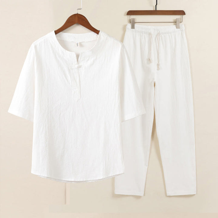 Buddha Stones 2 szt. Prosty design Chiński Żaba-Guzik Koszula Ściągana Sznurkiem Szerokie Spodnie Z Kieszeniami Męski Zestaw Tkanin Medytacyjnych - Biała koszula, białe spodnie - US/UK/AU46, EU56 (5XL) - image 1