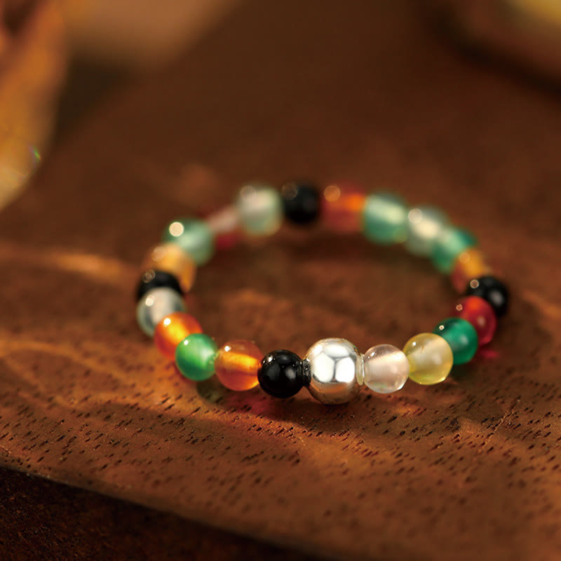 Buddha Stones 925 Srebro Kryształowe Koraliki Biały Jade Czarny Onyks Błogosławieństwo Elastyczny Pierścień