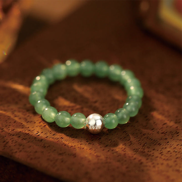 Buddha Stones 925 Srebro Kryształowe Koraliki Biały Jade Czarny Onyks Błogosławieństwo Elastyczny Pierścień