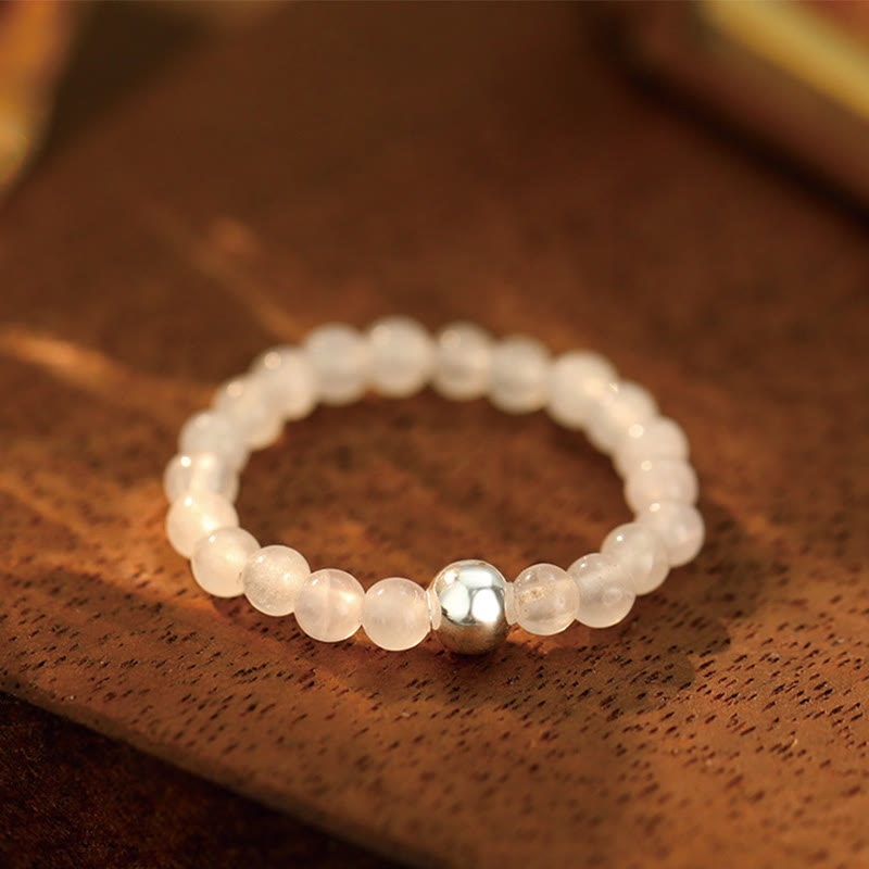 Buddha Stones 925 Srebro Kryształowe Koraliki Biały Jade Czarny Onyks Błogosławieństwo Elastyczny Pierścień