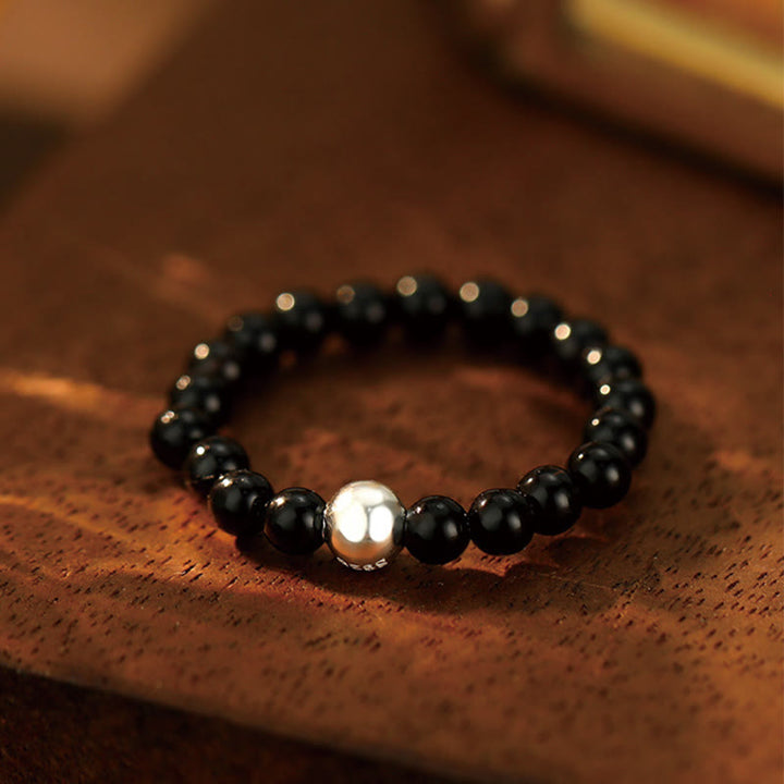 Buddha Stones 925 Srebro Kryształowe Koraliki Biały Jade Czarny Onyks Błogosławieństwo Elastyczny Pierścień