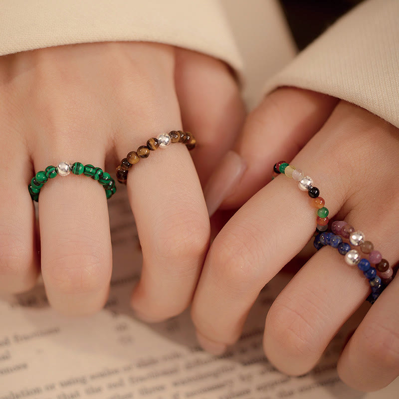 Buddha Stones 925 Srebro Kryształowe Koraliki Biały Jade Czarny Onyks Błogosławieństwo Elastyczny Pierścień