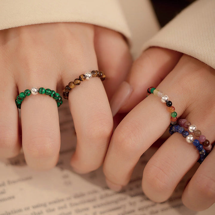 Buddha Stones 925 Srebro Kryształowe Koraliki Biały Jade Czarny Onyks Błogosławieństwo Elastyczny Pierścień