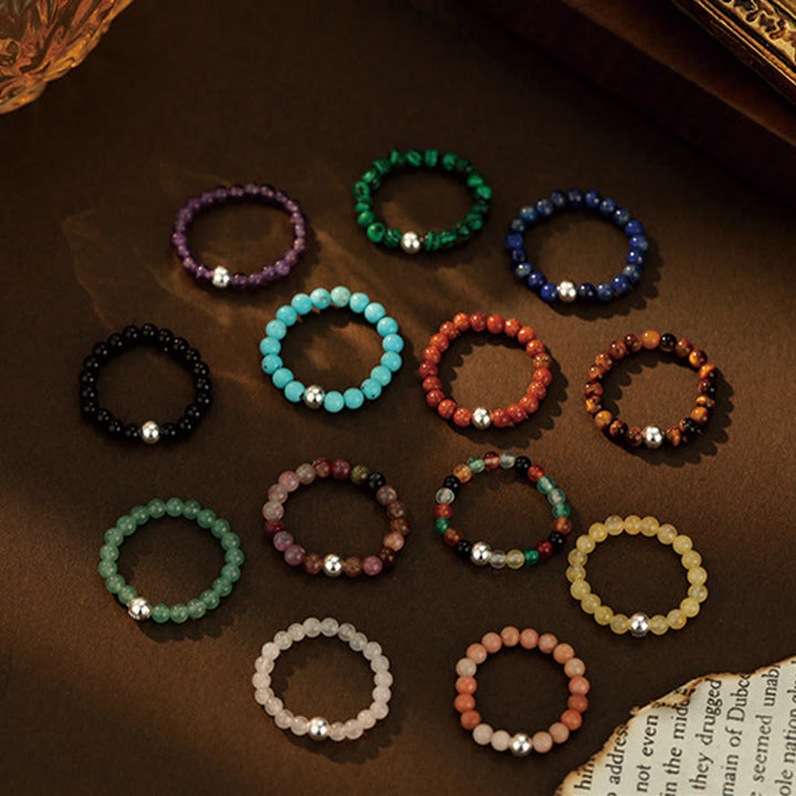 Buddha Stones 925 Srebro Kryształowe Koraliki Biały Jade Czarny Onyks Błogosławieństwo Elastyczny Pierścień