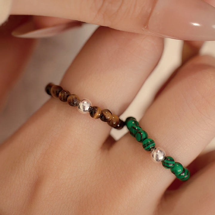 Buddha Stones 925 Srebro Kryształowe Koraliki Biały Jade Czarny Onyks Błogosławieństwo Elastyczny Pierścień