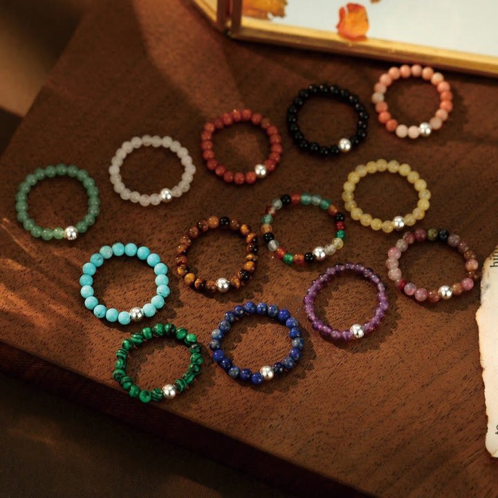 Buddha Stones 925 Srebro Kryształowe Koraliki Biały Jade Czarny Onyks Błogosławieństwo Elastyczny Pierścień