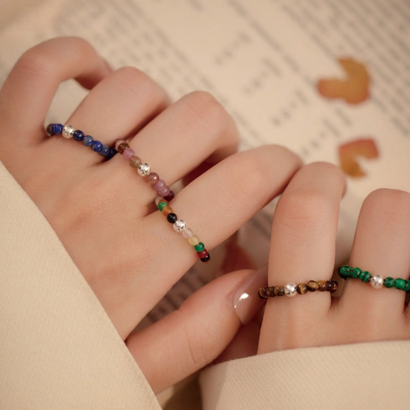 Buddha Stones 925 Srebro Kryształowe Koraliki Biały Jade Czarny Onyks Błogosławieństwo Elastyczny Pierścień