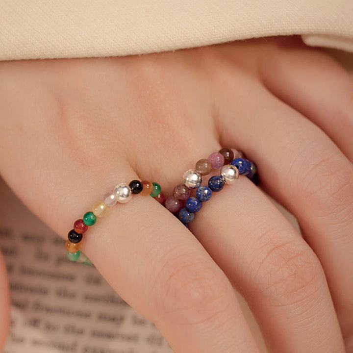 Buddha Stones 925 Srebro Kryształowe Koraliki Biały Jade Czarny Onyks Błogosławieństwo Elastyczny Pierścień