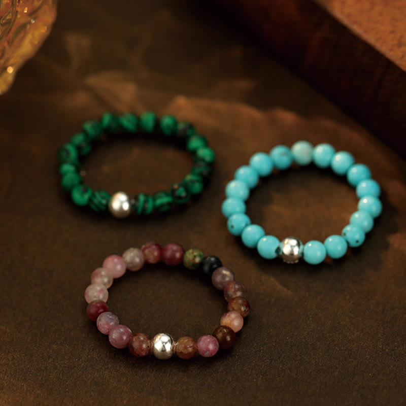 Buddha Stones 925 Srebro Kryształowe Koraliki Biały Jade Czarny Onyks Błogosławieństwo Elastyczny Pierścień