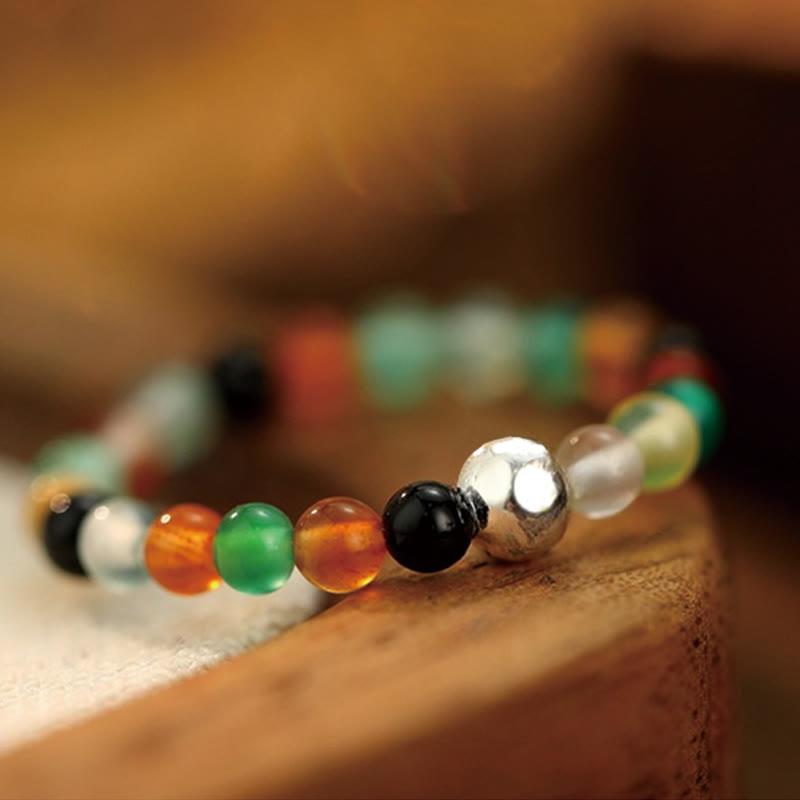 Buddha Stones 925 Srebro Kryształowe Koraliki Biały Jade Czarny Onyks Błogosławieństwo Elastyczny Pierścień