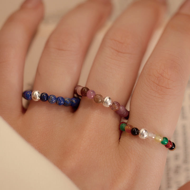 Buddha Stones 925 Srebro Kryształowe Koraliki Biały Jade Czarny Onyks Błogosławieństwo Elastyczny Pierścień