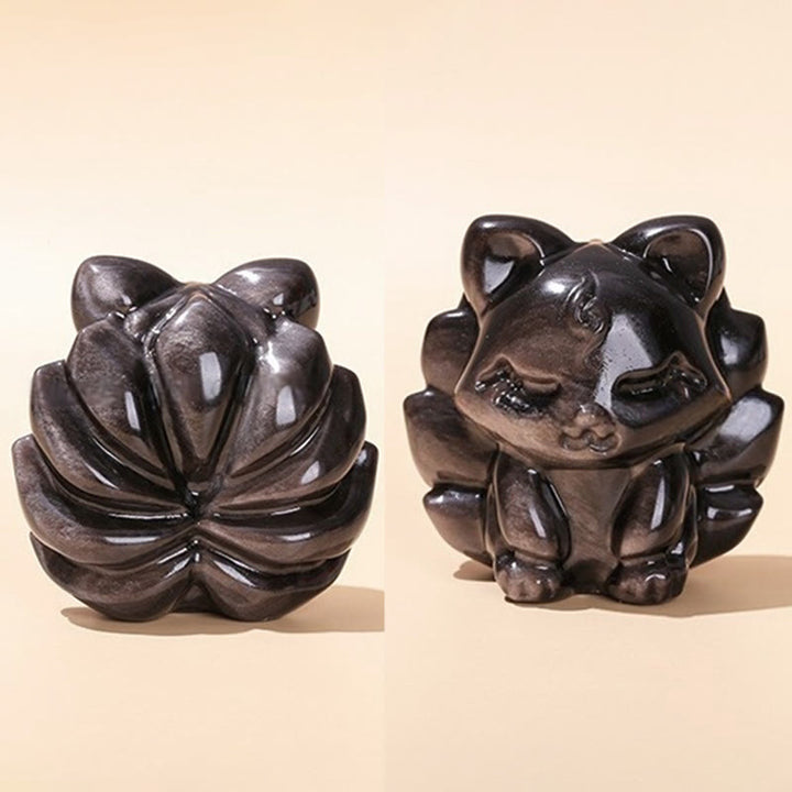 Buddha Stones Naturalny Srebrny Połysk Obsydian Dziewięcioogonowy Lis Ochrona Dekoracja Domu - image 3