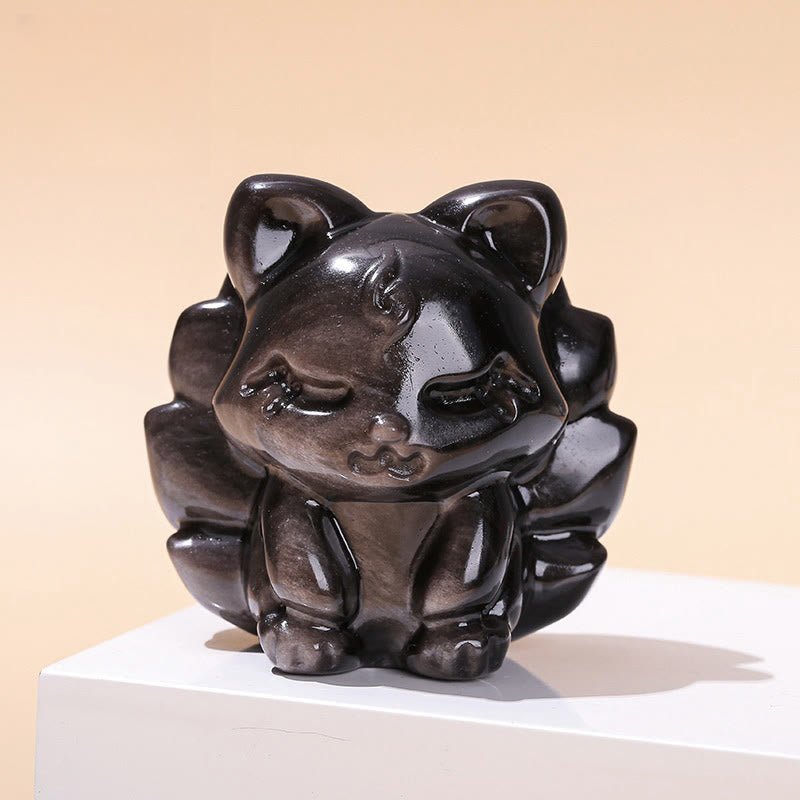 Buddha Stones Naturalny Srebrny Połysk Obsydian Dziewięcioogonowy Lis Ochrona Dekoracja Domu - Lis obsydianowy o srebrnym połysku 7*6,8*5 cm - image 0