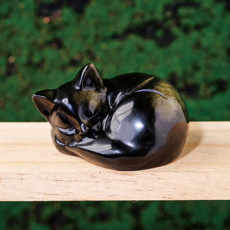 Buddha Stones Naturalny Złoty Połysk Obsydian Śpiący Kot Statuetka Dekoracja Domu - Złoty połysk obsydianu 6*5cm - image 2