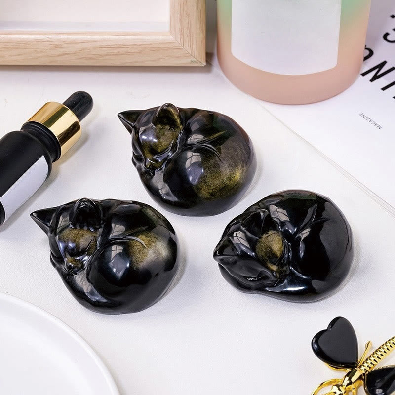 Buddha Stones Naturalny Złoty Połysk Obsydian Śpiący Kot Statuetka Dekoracja Domu - image 5