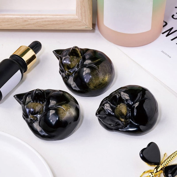 Buddha Stones Naturalny Złoty Połysk Obsydian Śpiący Kot Statuetka Dekoracja Domu - image 5