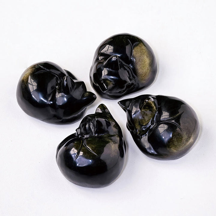 Buddha Stones Naturalny Złoty Połysk Obsydian Śpiący Kot Statuetka Dekoracja Domu - image 7