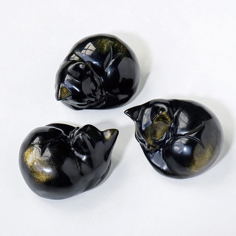 Buddha Stones Naturalny Złoty Połysk Obsydian Śpiący Kot Statuetka Dekoracja Domu - image 8