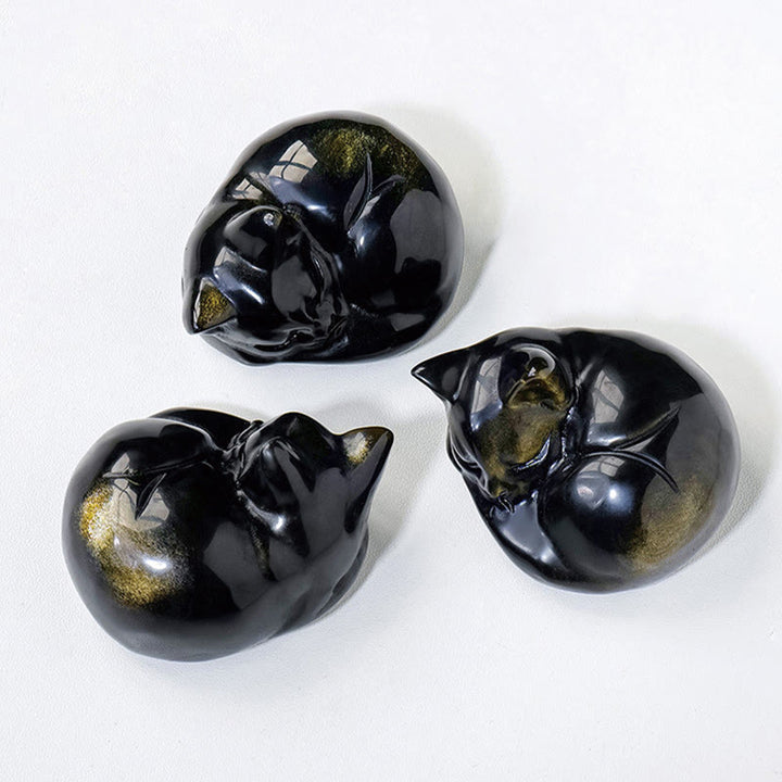 Buddha Stones Naturalny Złoty Połysk Obsydian Śpiący Kot Statuetka Dekoracja Domu - image 8