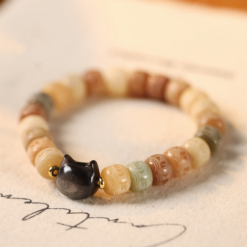 Kamienie Buddha Stones Nasiona Bodhi Om Mani Padme Hum Rzeźbione Srebrne Błyszczące Obsydianowe Głowy Kota Bransoletka Mądrości - 8*10mm żółte nasiona Bodhi (obwód nadgarstka 14-16 cm) - image 1