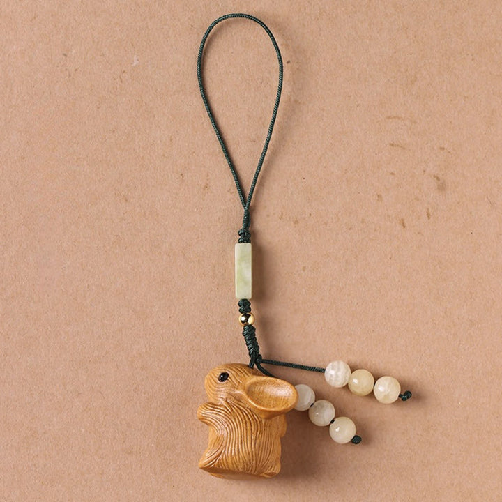 Buddha Stones Sandałowe Mały Liść Czerwony Sandałowiec Szczęśliwy Mini Królik Ochrona Brelok Telefon Wiszący Dekoracja