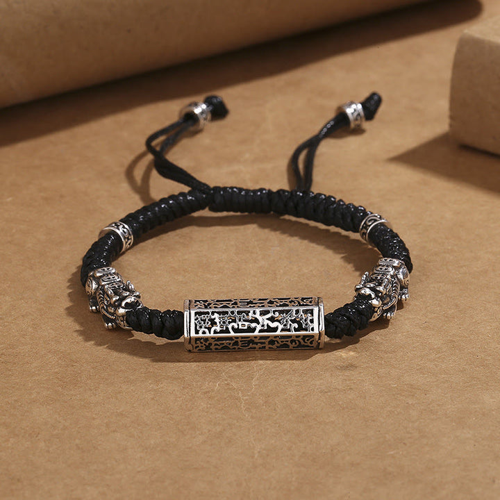 Buddha Stones Tybetańskie Czarny Sznur Miedziany Om Mani Padme Hum PiXiu Ochrona Pleciona Bransoletka