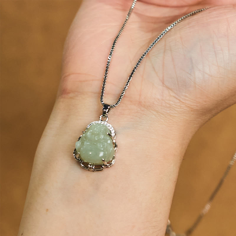 Buddha Stones Naturalny Hetian Jade Śmiejący się Budda Naszyjnik Obfitość Wisiorek - image 4