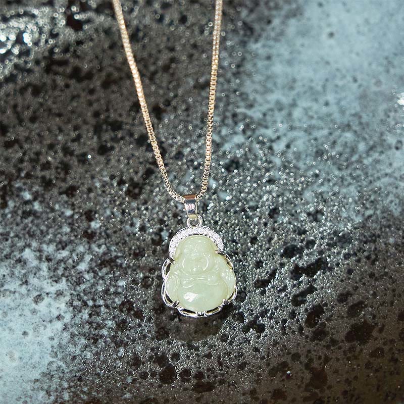 Buddha Stones Naturalny Hetian Jade Śmiejący się Budda Naszyjnik Obfitość Wisiorek - image 5