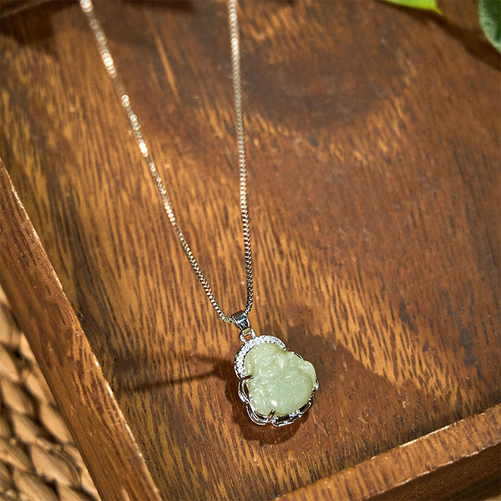 Buddha Stones Naturalny Hetian Jade Śmiejący się Budda Naszyjnik Obfitość Wisiorek - image 2