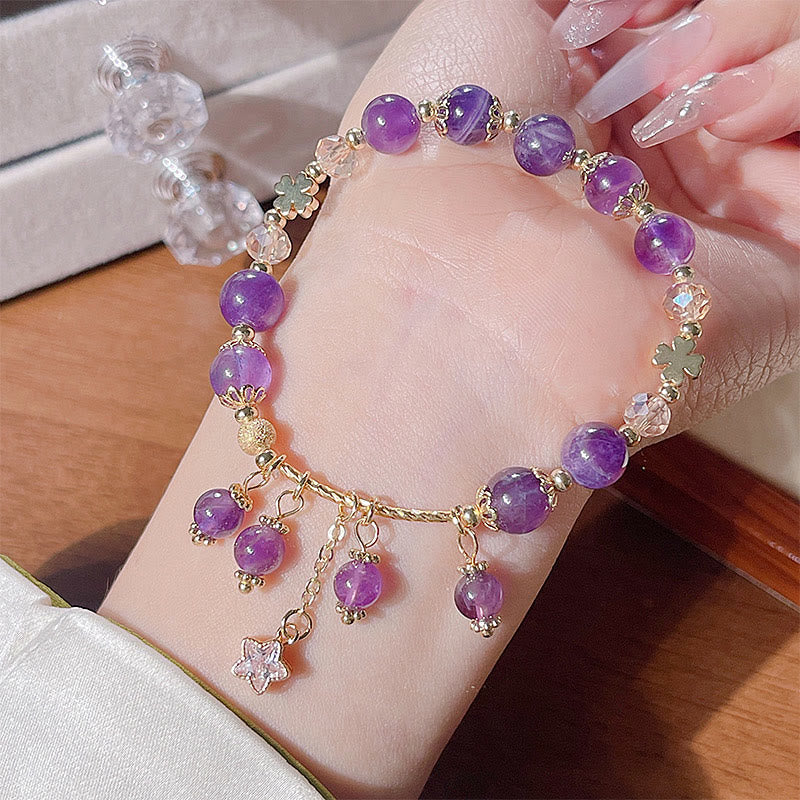 Bransoletka Buddha Stones Natural Amethyst Four Leaf Clover Star Peace