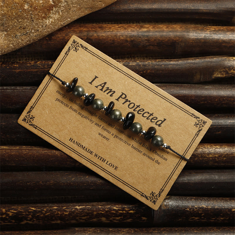 Buddha Stones Jestem Chroniony Bransoletka Z Czarnego Obsydianu Pirytu Żelaza Spełnienie