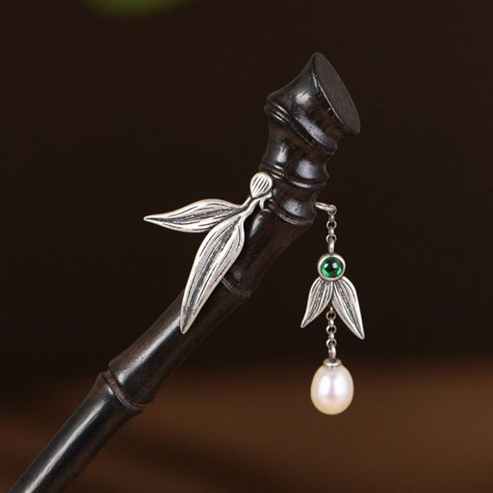 Buddha Stones 925 Srebro Sterlingowe Czerwone Drzewo Sandałowe Heban Bambus Power Hairpin