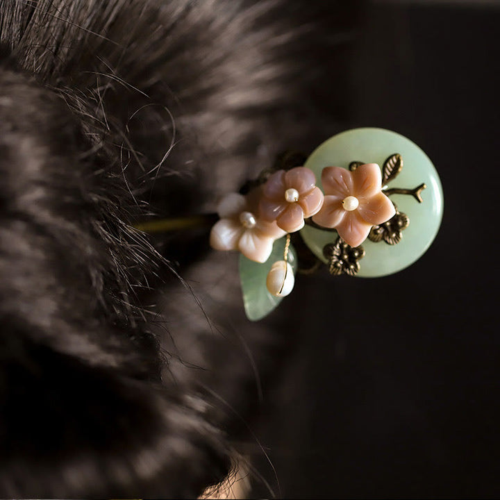 Buddha Stones Miedź Jade Muszla Kwiat Liście Szczęście Spinka Do Włosów