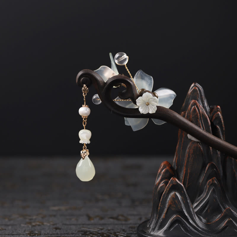 Buddha Stones Heban Jadeit Muszla Magnolia Frędzel Błogosławieństwo Spinka Do Włosów