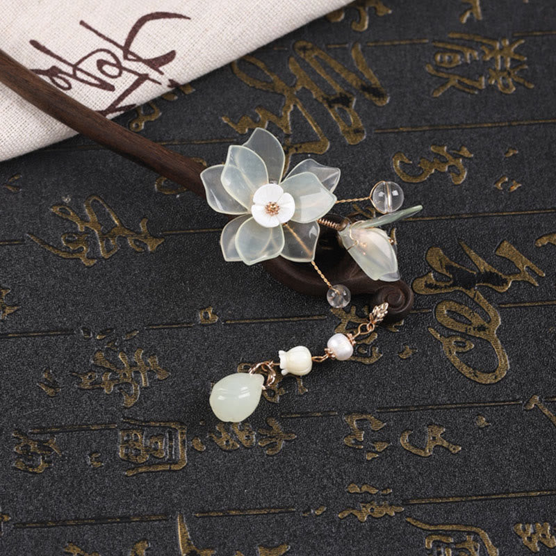 Buddha Stones Heban Jadeit Muszla Magnolia Frędzel Błogosławieństwo Spinka Do Włosów