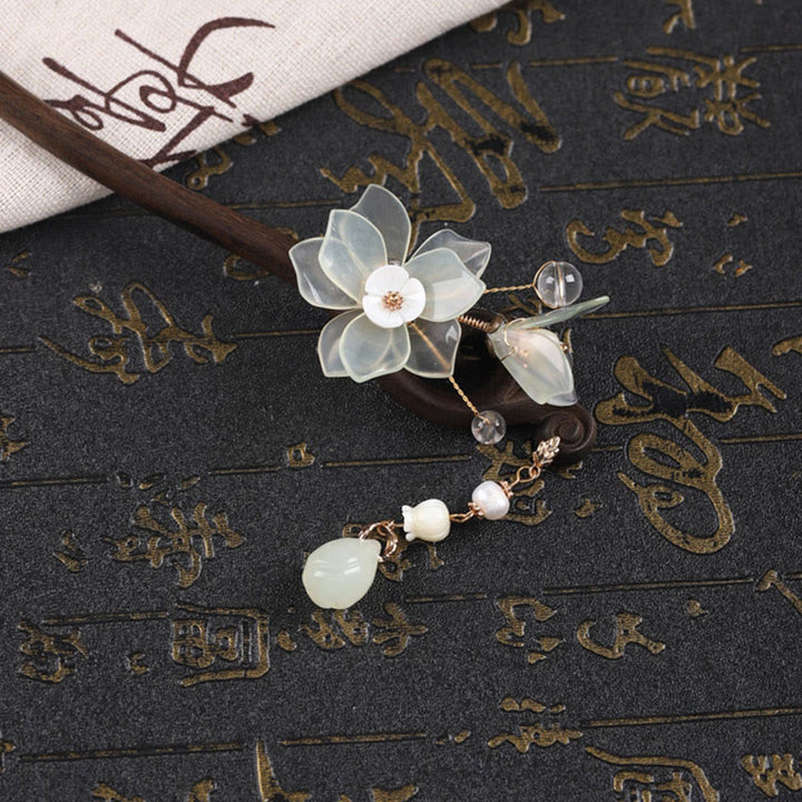 Buddha Stones Heban Jadeit Muszla Magnolia Frędzel Błogosławieństwo Spinka Do Włosów